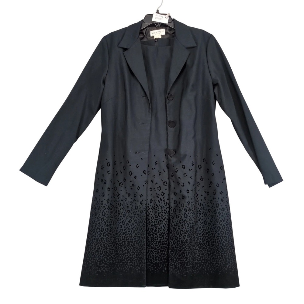 Vintage 90s Alyn Paige Black Flocked Leopard 2pc Jacket & Dress Set Sz 7/8 USA